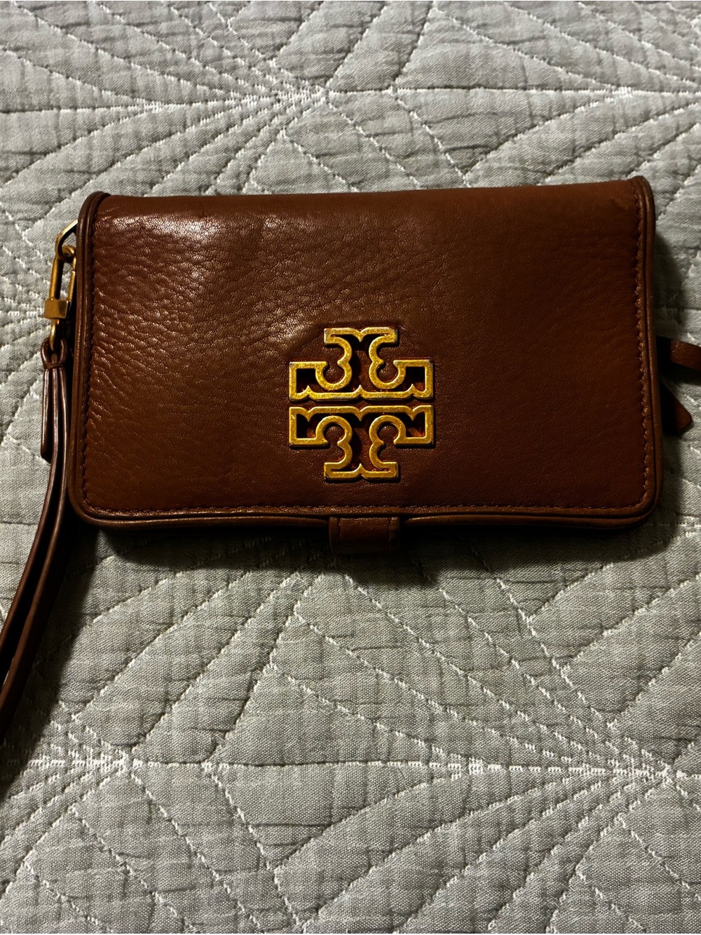 Tory Burch Chestnut Leather Wristlet Wallet with Gold Logo Detail